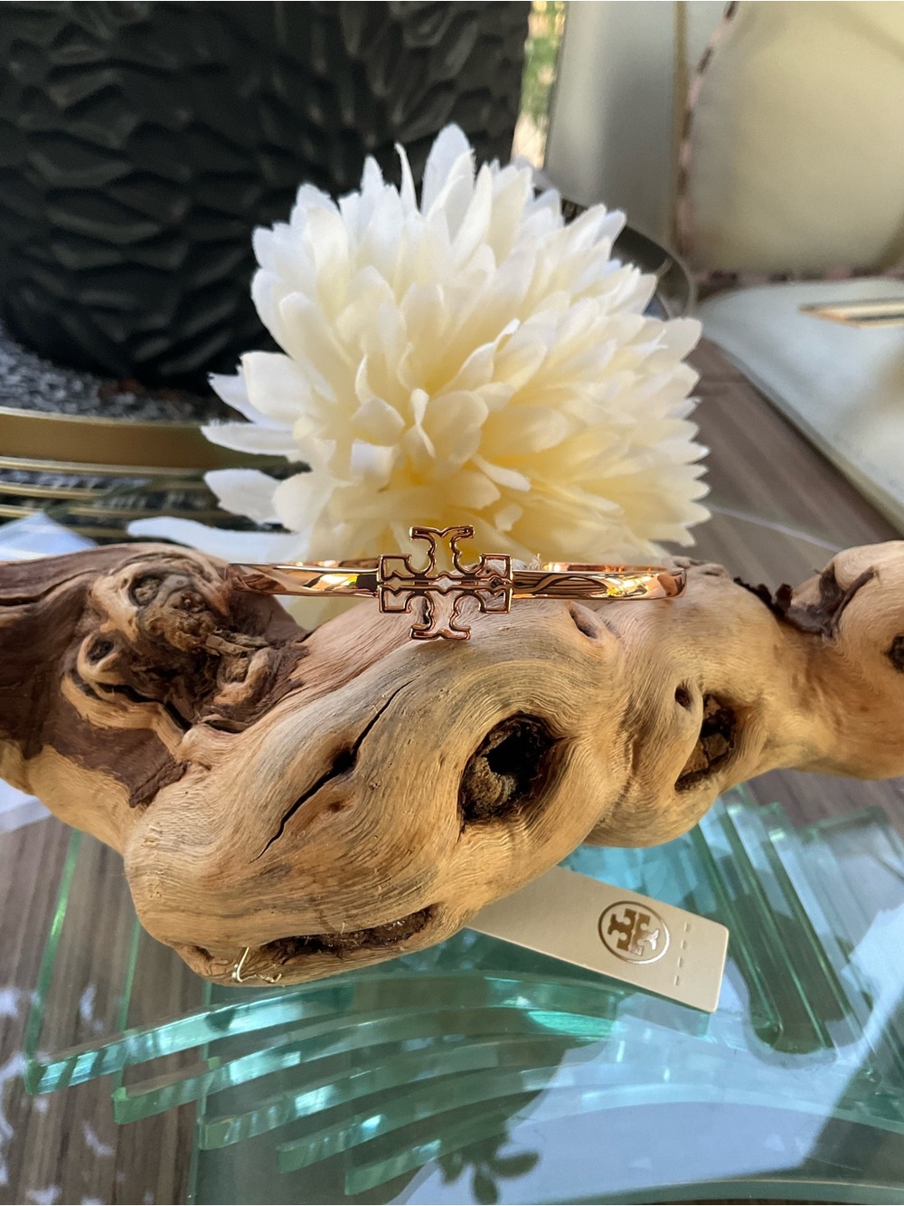 Tory Burch Rose Gold Logo Cuff Bracelet with Signature Emblem